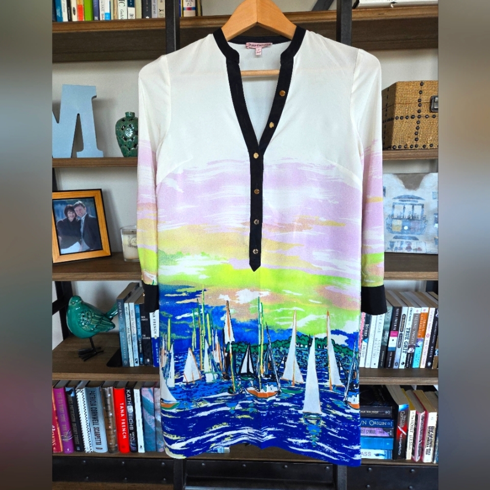 NWOT - Juicy Couture 100% Silk Sailboat Print Mini Dress / Tunic, Size 0